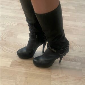 Fergie Black Over-the-Knee Stiletto Boots with Ring Strap Detail